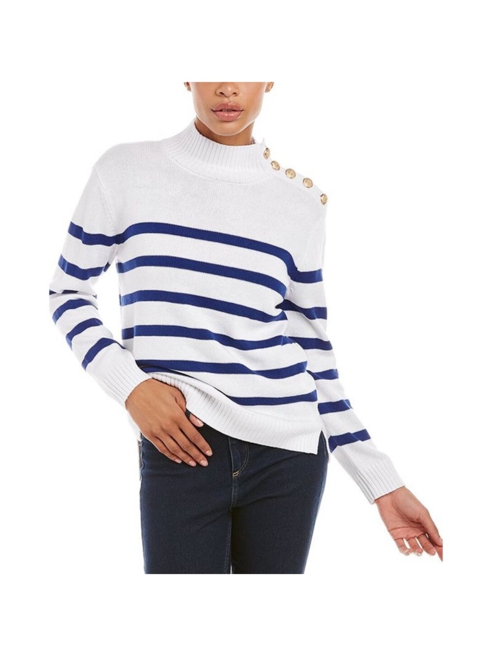 Tyler Boe Striped Mock Neck Sweater with Gold Buttons Size Small